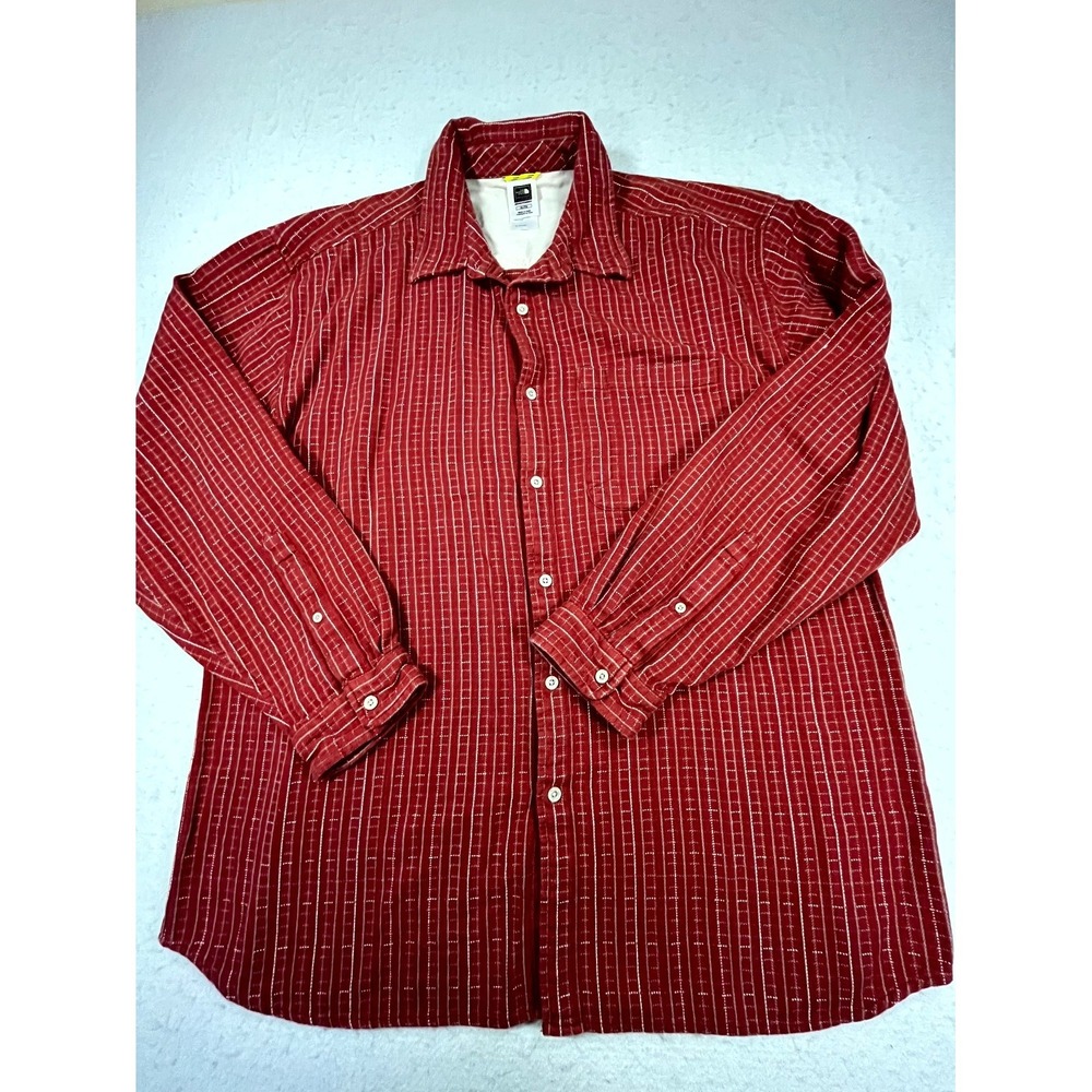 The North Face Q Series Shirt Mens XL Red Striped Cotton Logo Back Box Button Up